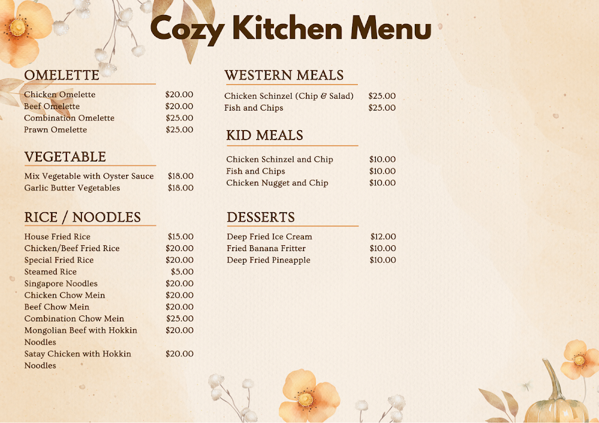 Menu, Cozy Kitchen