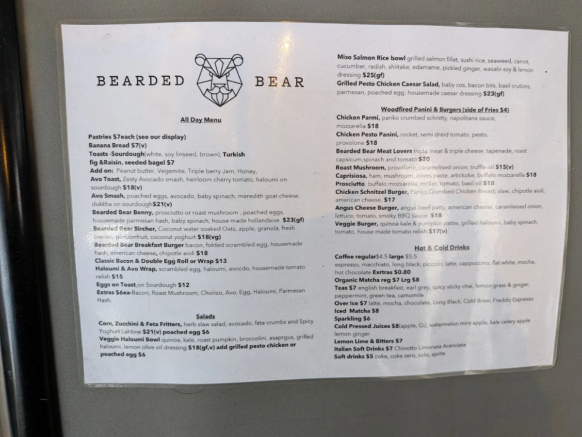 Menu, Bearded Bear Cafe