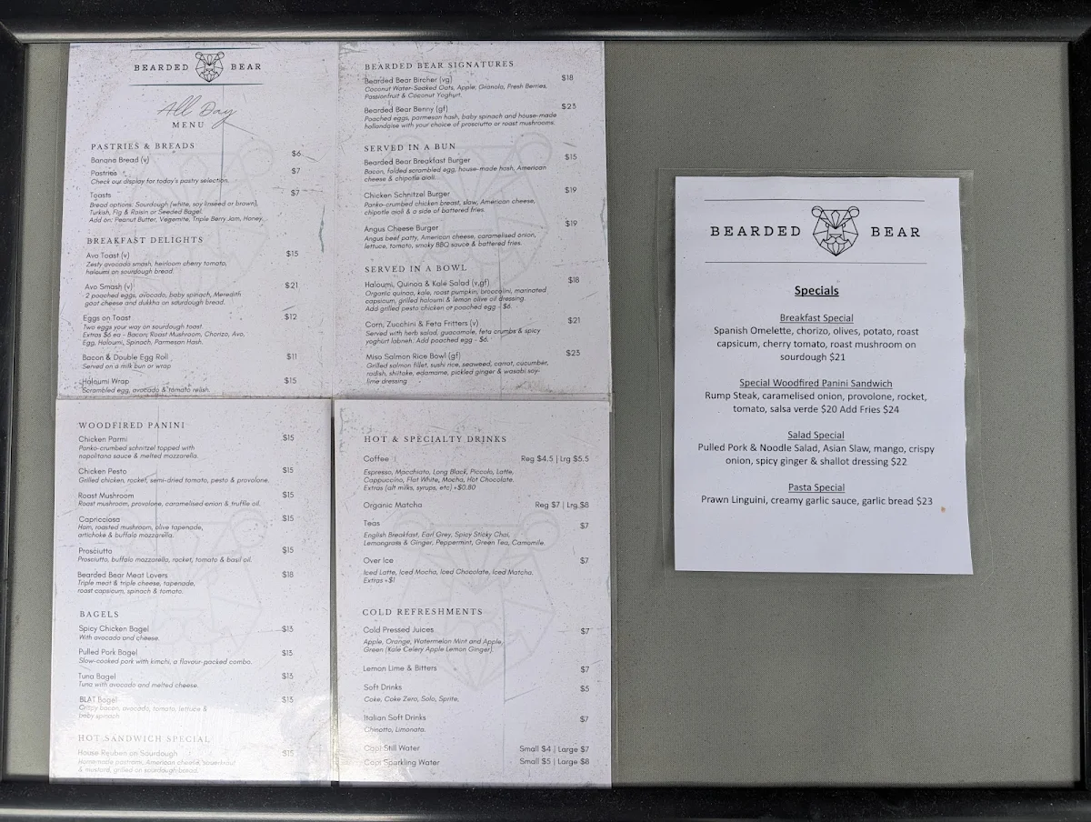 Menu, Bearded Bear Cafe