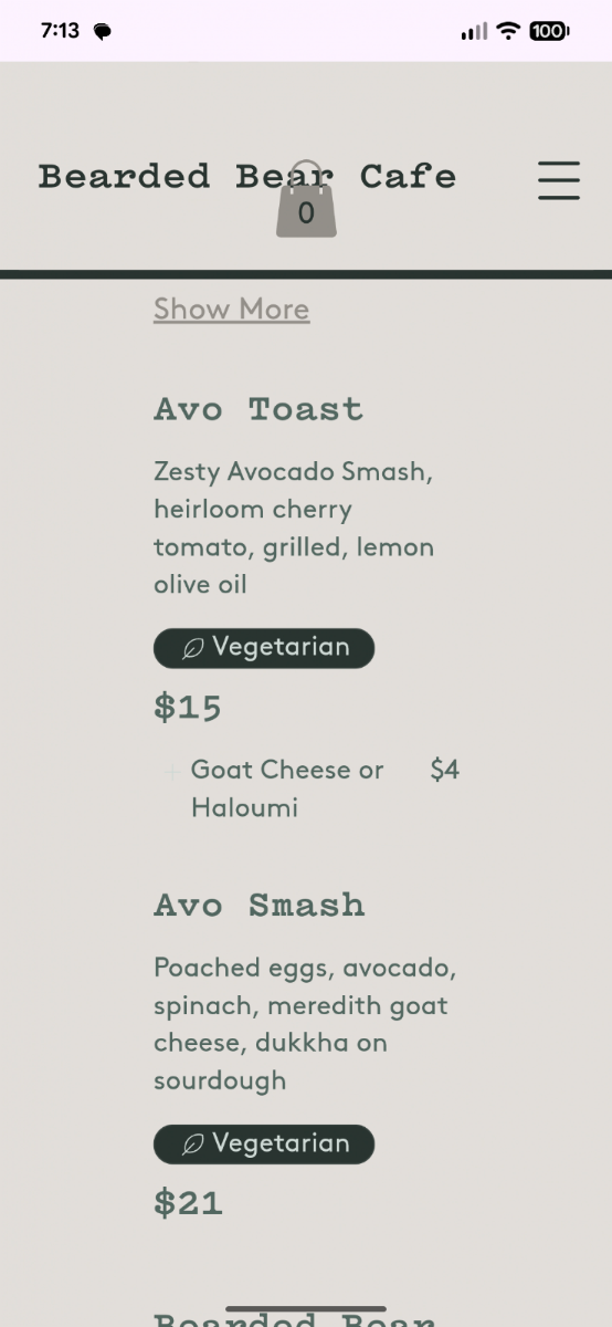 Menu, Bearded Bear Cafe