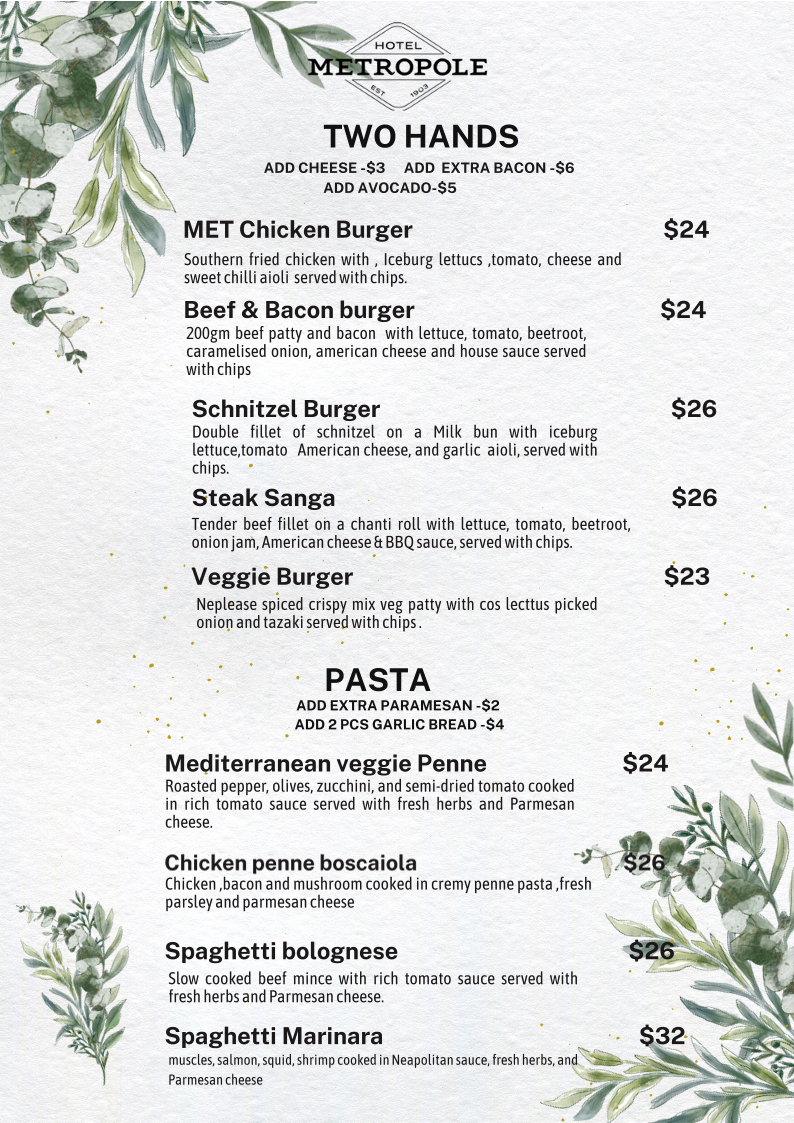 Menu, Hotel Metropole Lismore