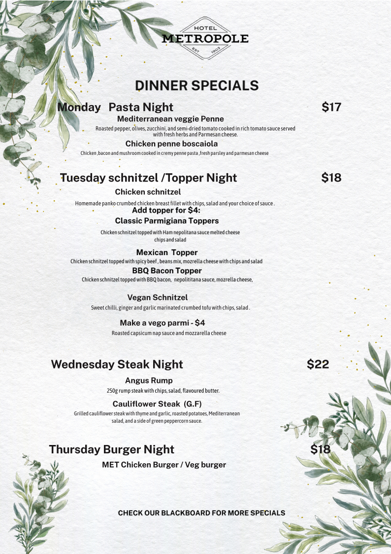 Menu, Hotel Metropole Lismore