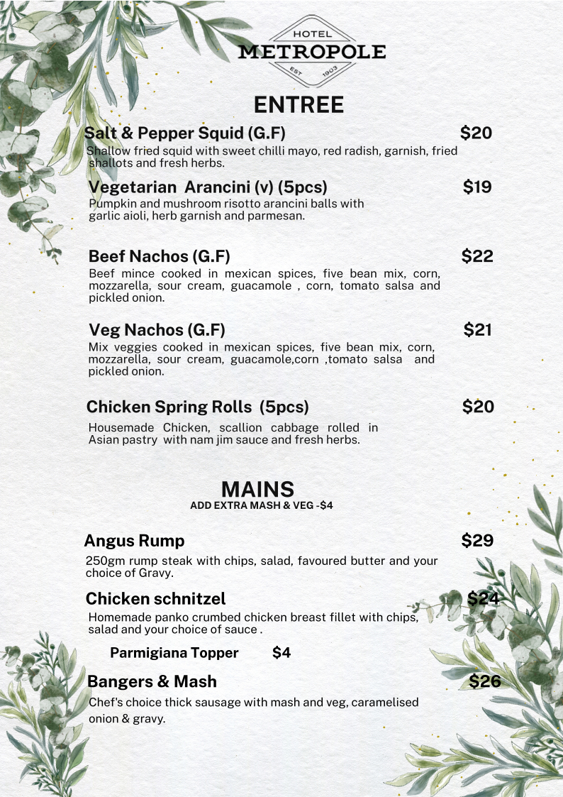 Menu, Hotel Metropole Lismore