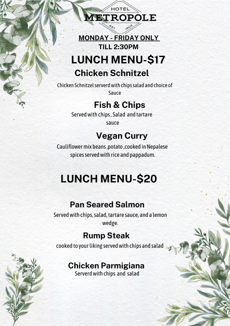 Menu, Hotel Metropole Lismore