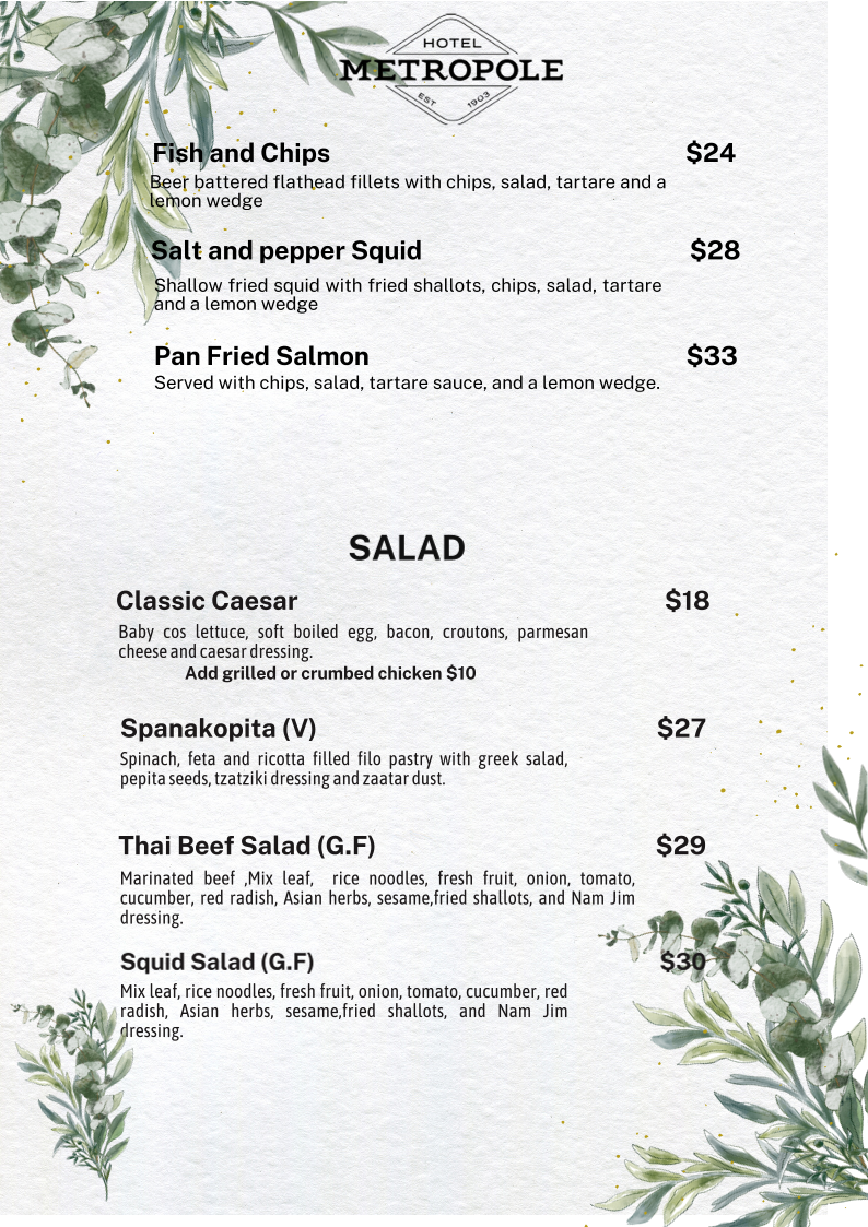 Menu, Hotel Metropole Lismore