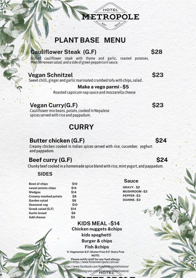 Menu, Hotel Metropole Lismore