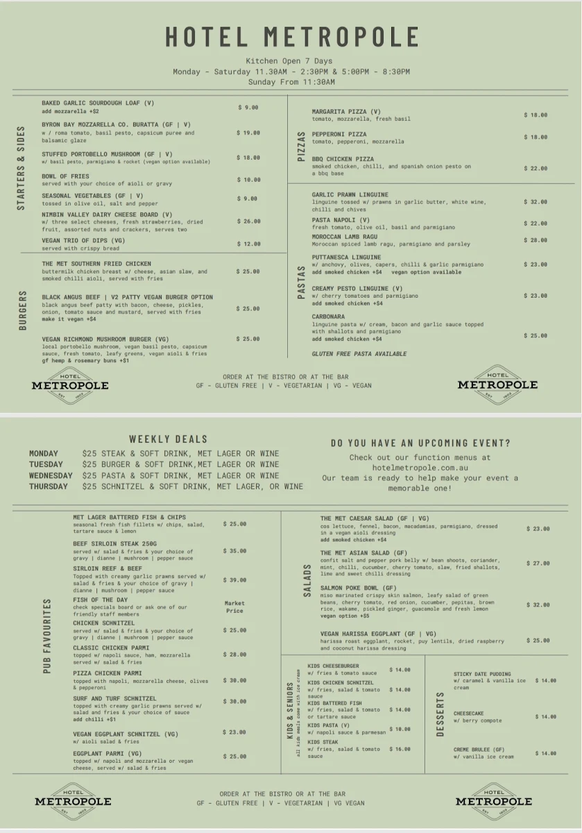 Menu, Hotel Metropole Lismore