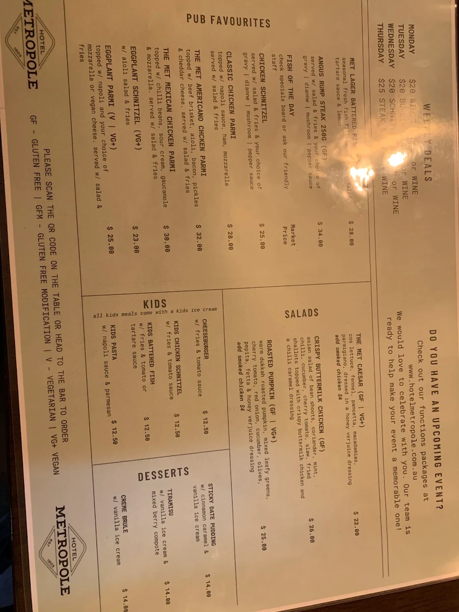 Menu, Hotel Metropole Lismore