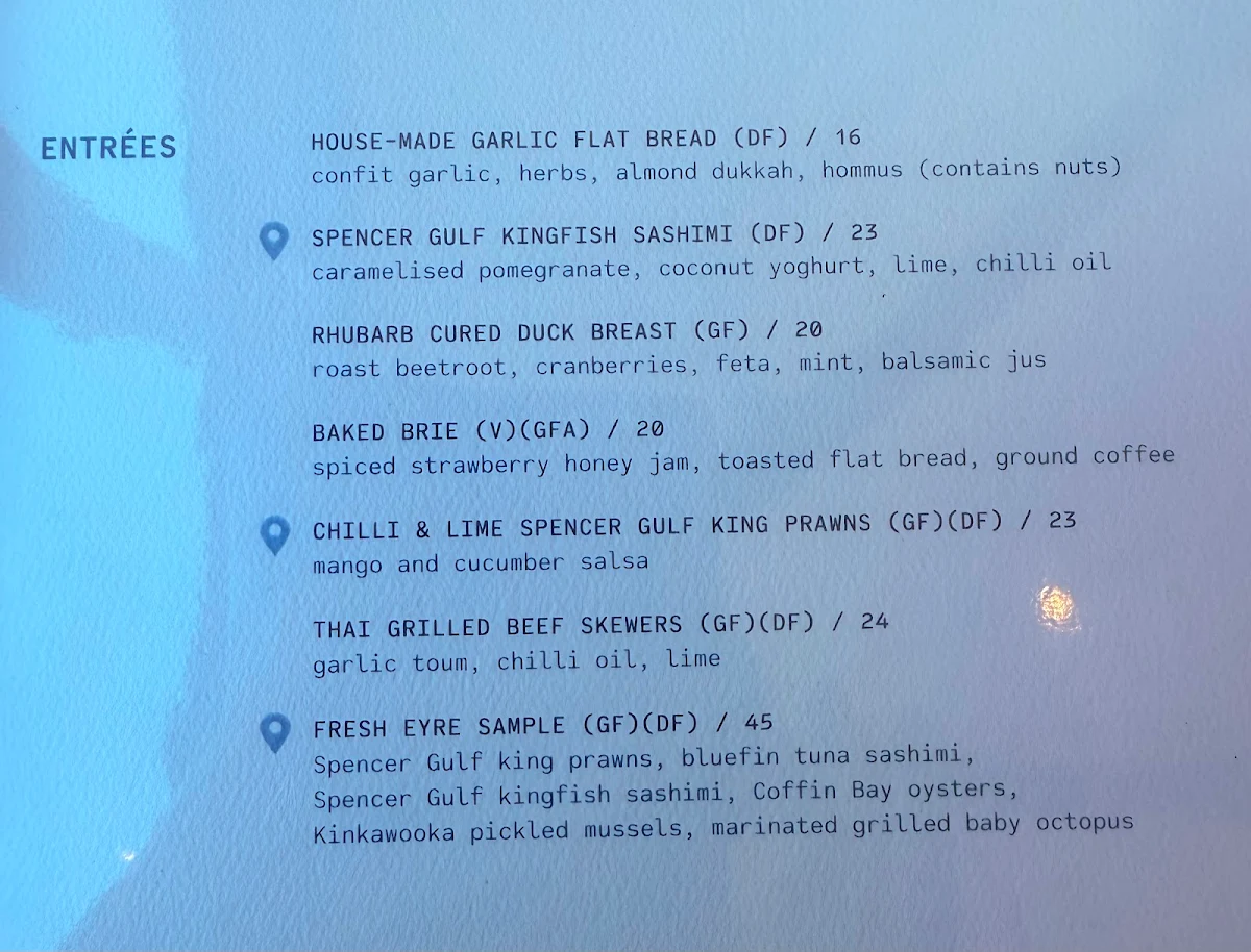 Menu, Sarin's Restaurant & Bar/Bistro