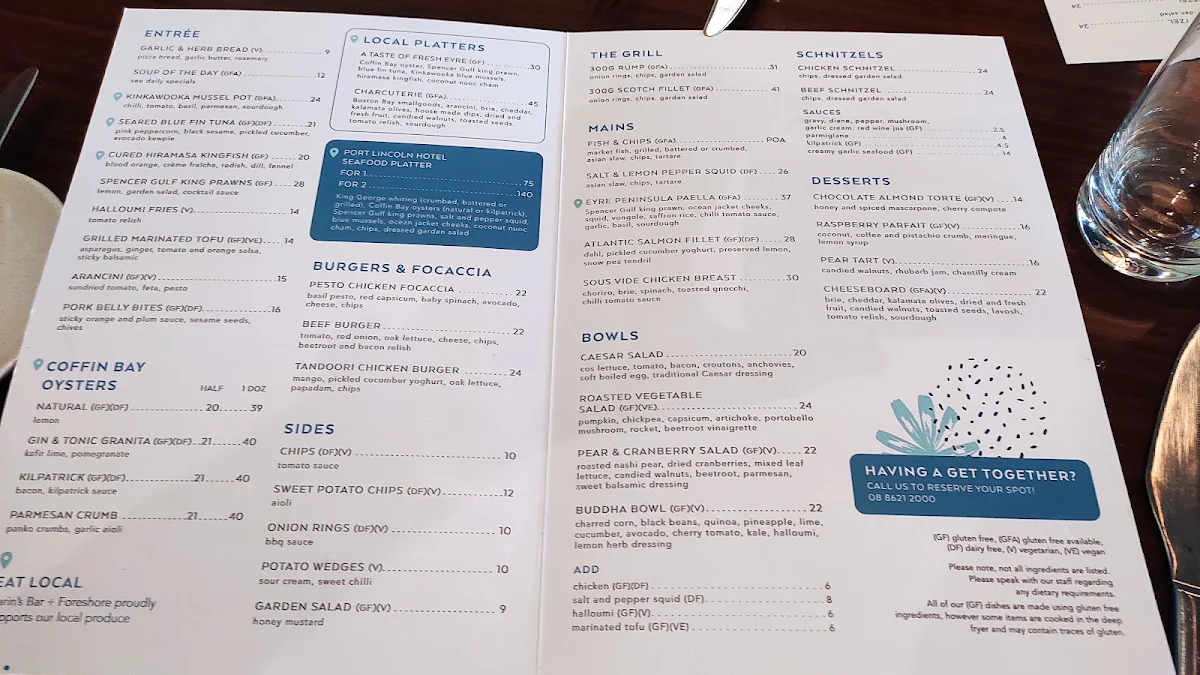 Menu, Sarin's Restaurant & Bar/Bistro