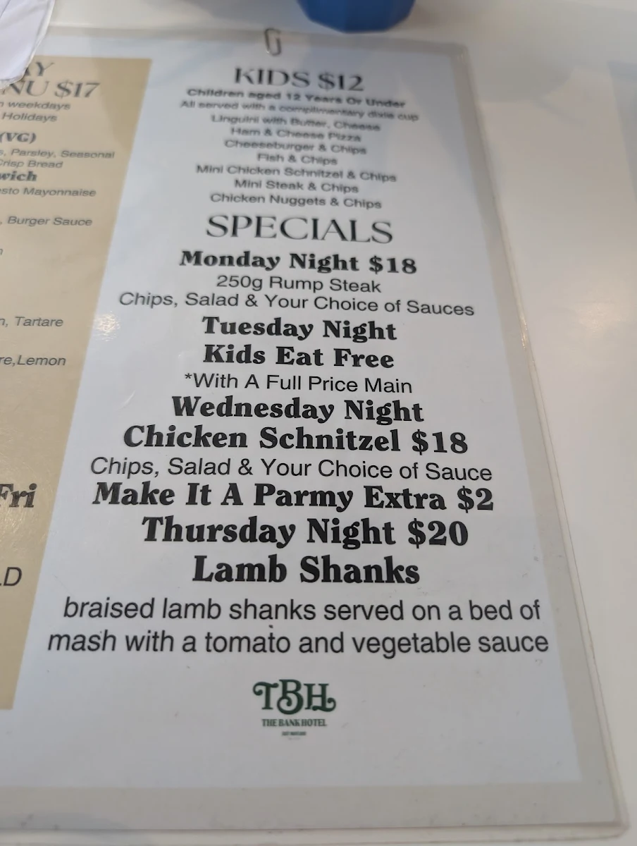Menu, The Bank Hotel