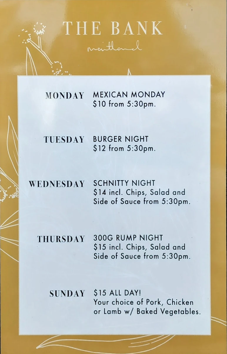 Menu, The Bank Hotel