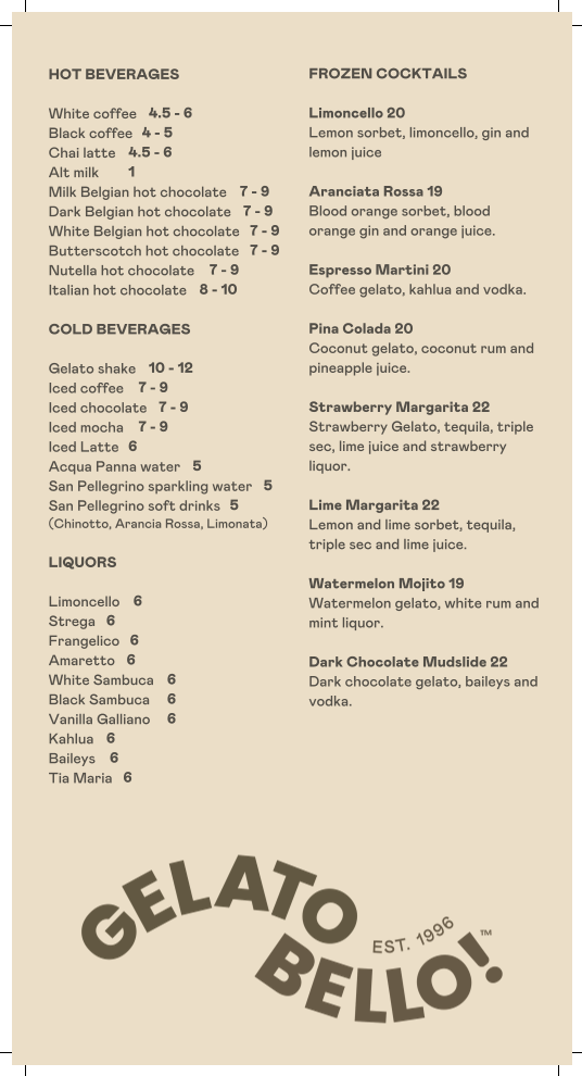 Menu, Gelato Bello