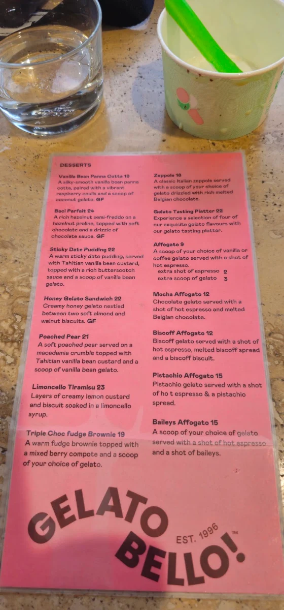 Menu, Gelato Bello