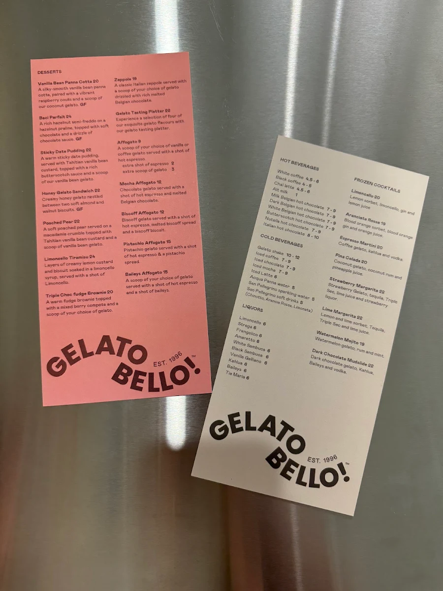 Menu, Gelato Bello