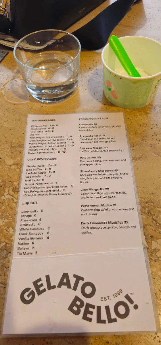 Menu, Gelato Bello