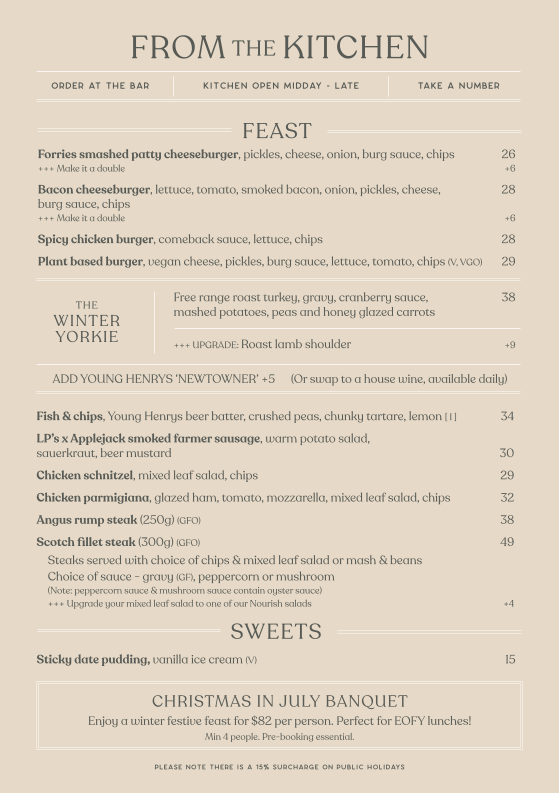 Menu, Forrester's