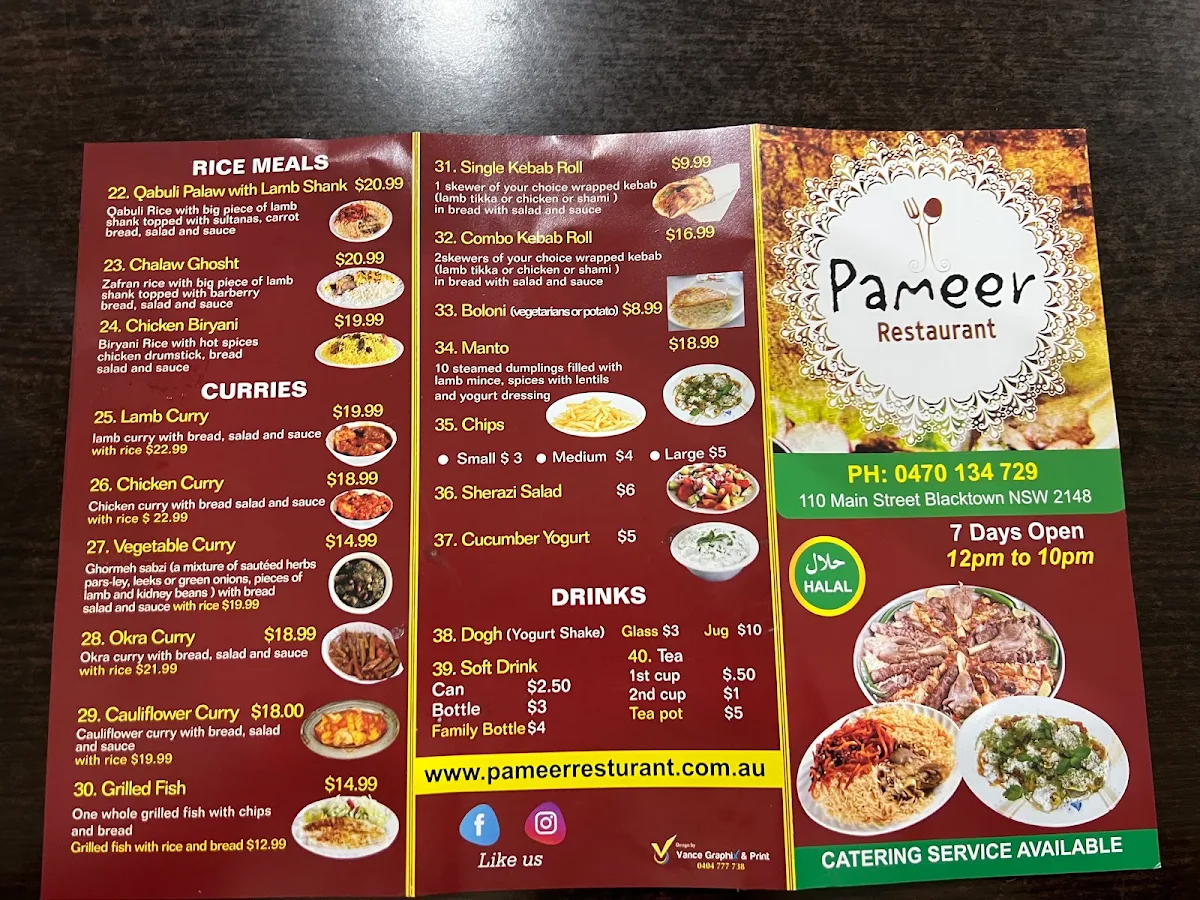 Menu, Pameer Restaurant and Bakery