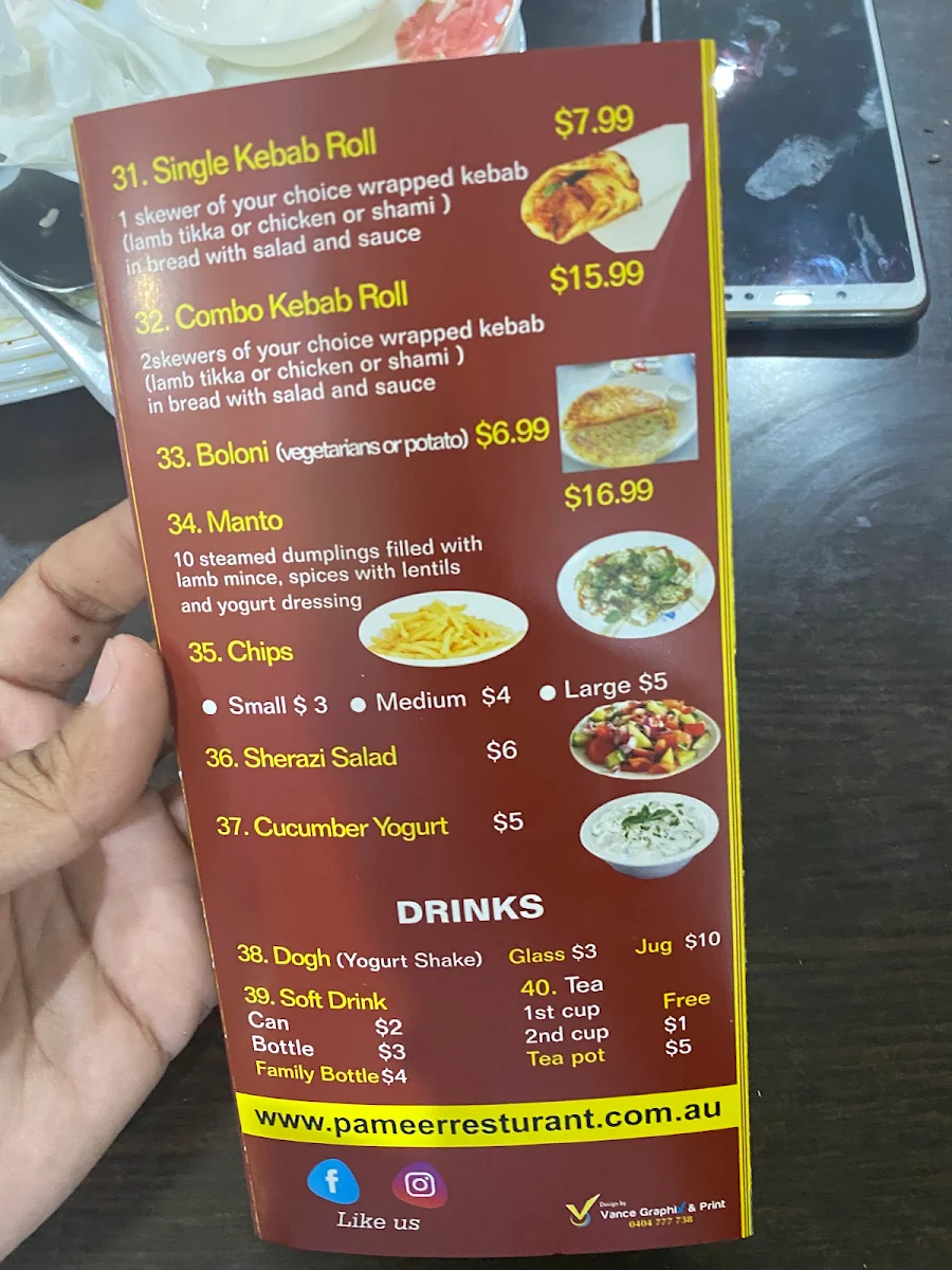Menu, Pameer Restaurant and Bakery
