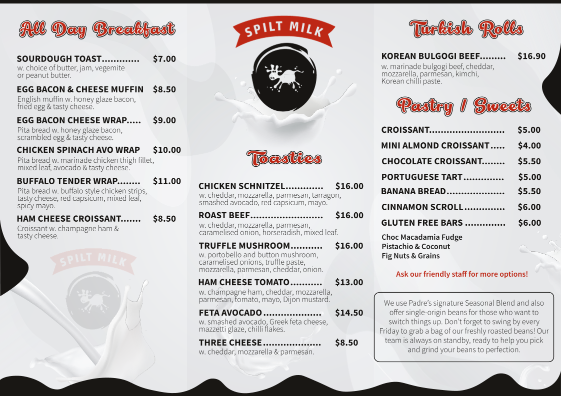 Menu, Spilt Milk