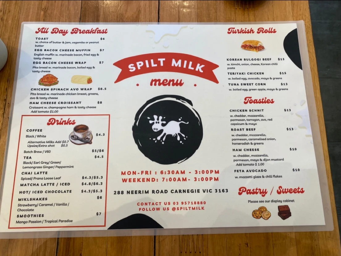 Menu, Spilt Milk