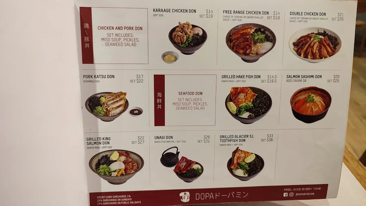 Menu, Dopa Donburi and Dessert - Regent Place