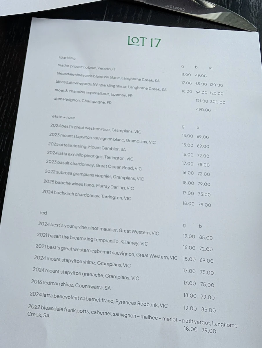 Menu, Lot 17