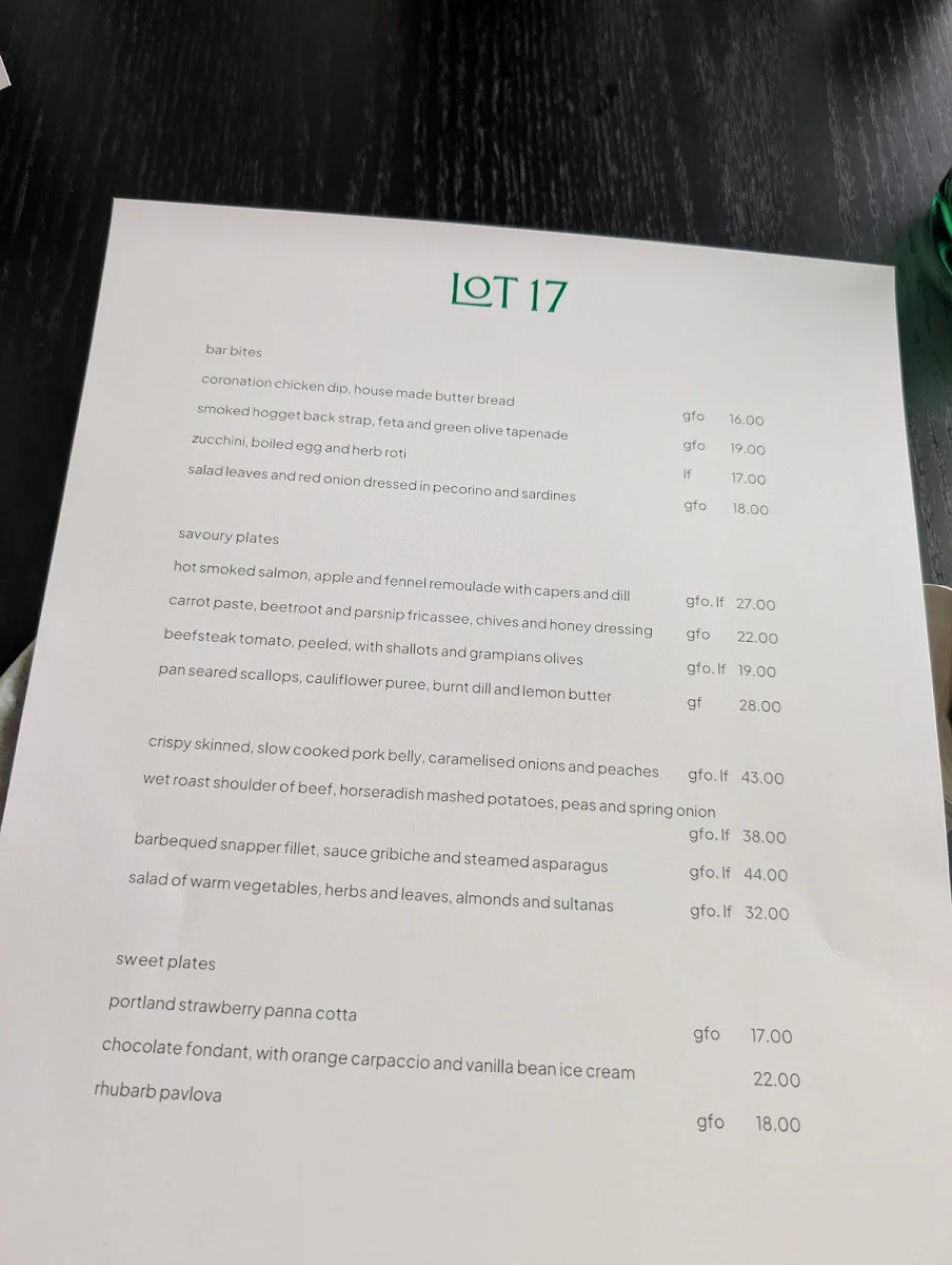 Menu, Lot 17