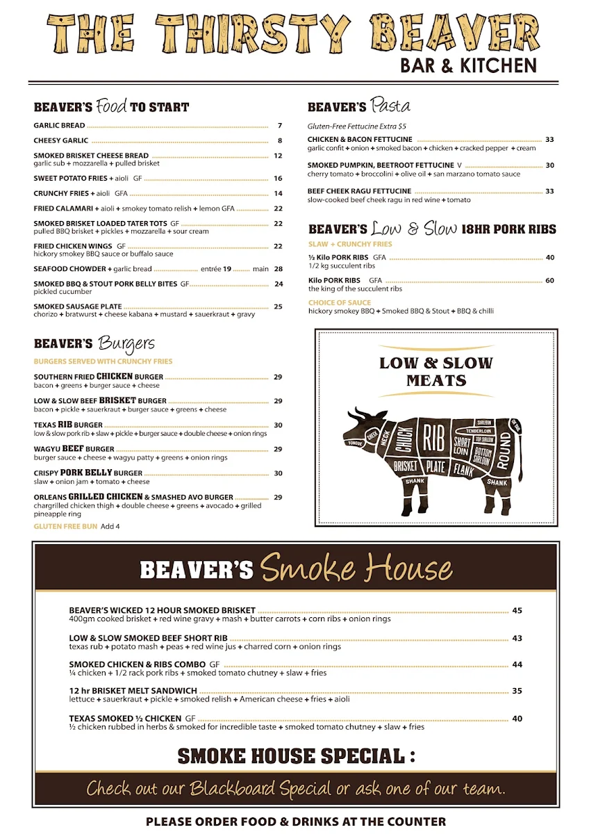 Menu, The Thirsty Beaver Bar & Kitchen
