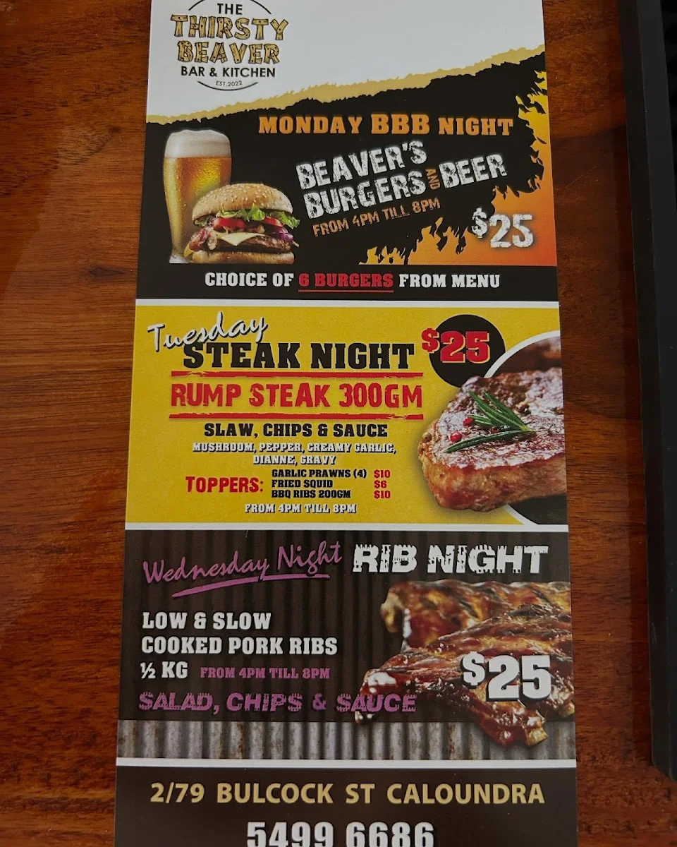 Menu, The Thirsty Beaver Bar & Kitchen