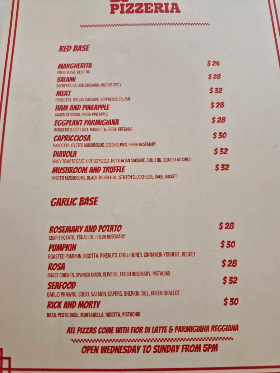Menu, Noona's Pizzeria