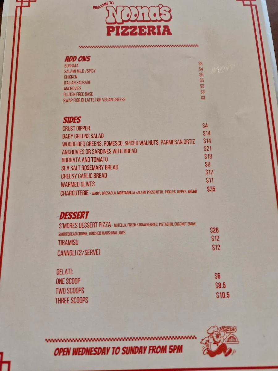 Menu, Noona's Pizzeria