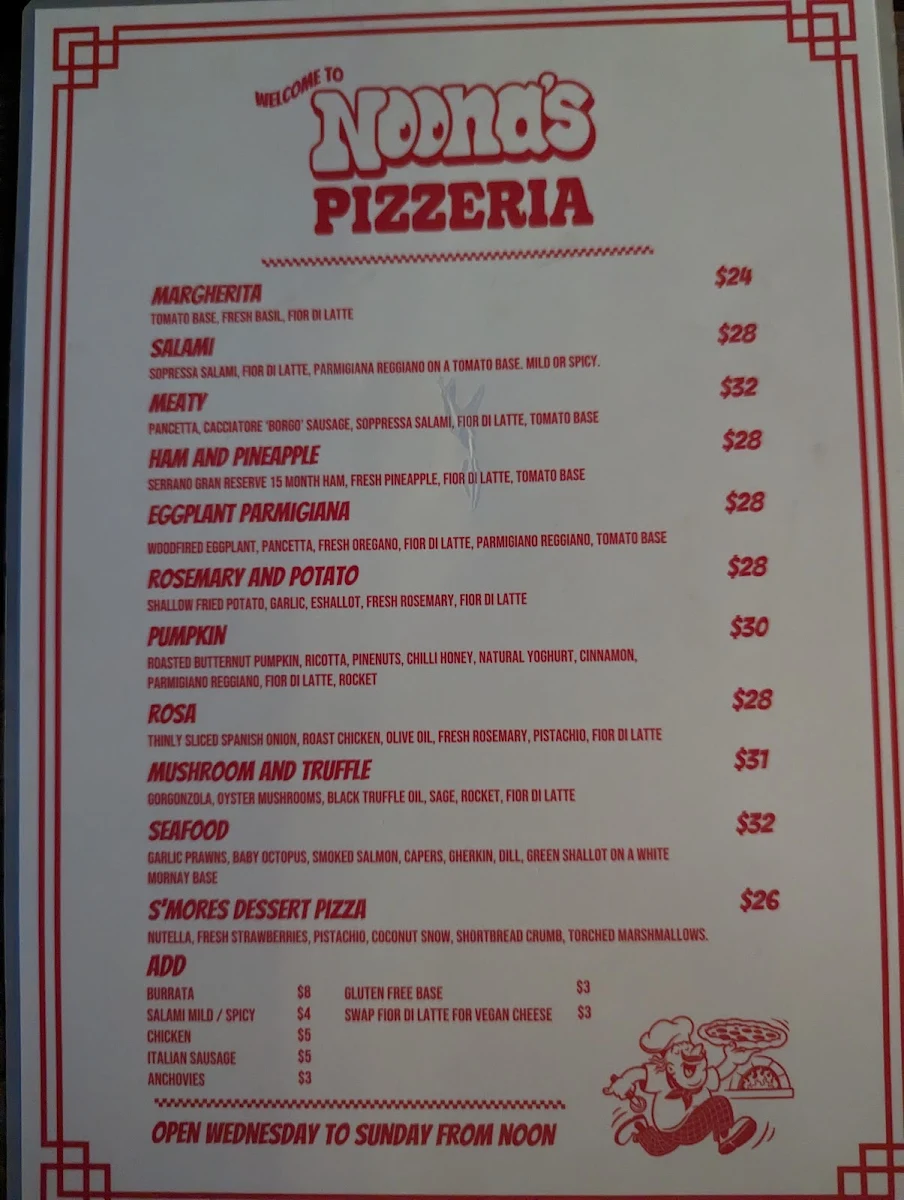 Menu, Noona's Pizzeria