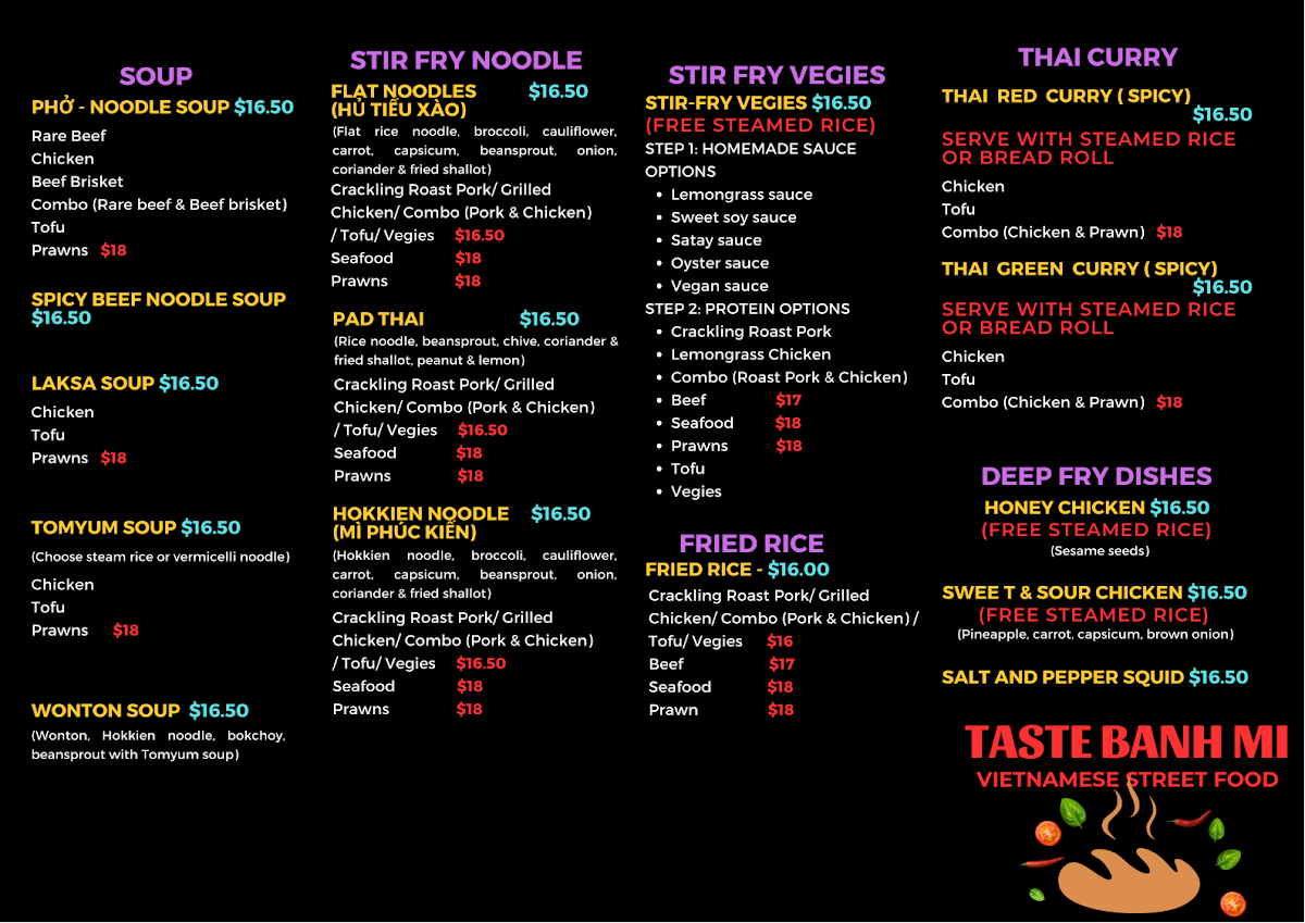 Menu, Taste Banh Mi - Woodcroft