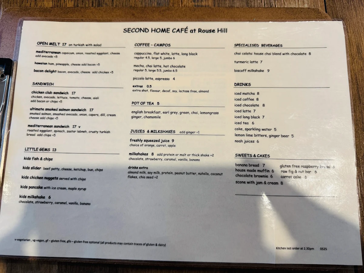Menu, The Second Home Cafe - Rouse Hill