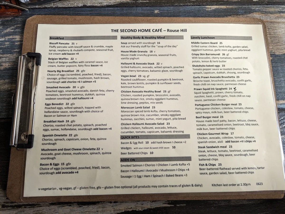 Menu, The Second Home Cafe - Rouse Hill