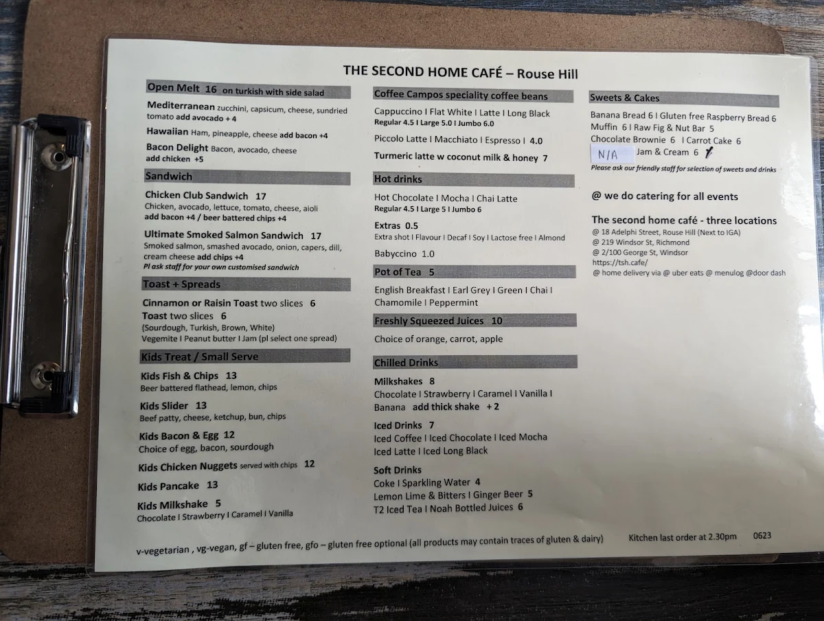 Menu, The Second Home Cafe - Rouse Hill