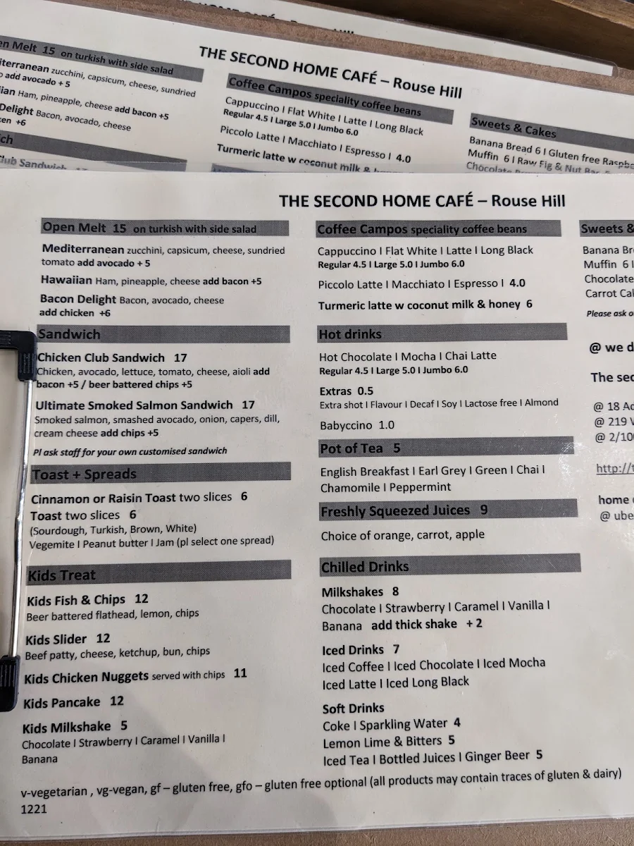Menu, The Second Home Cafe - Rouse Hill