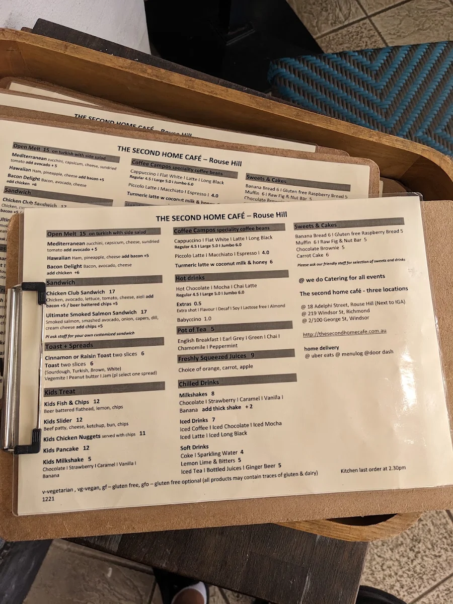 Menu, The Second Home Cafe - Rouse Hill