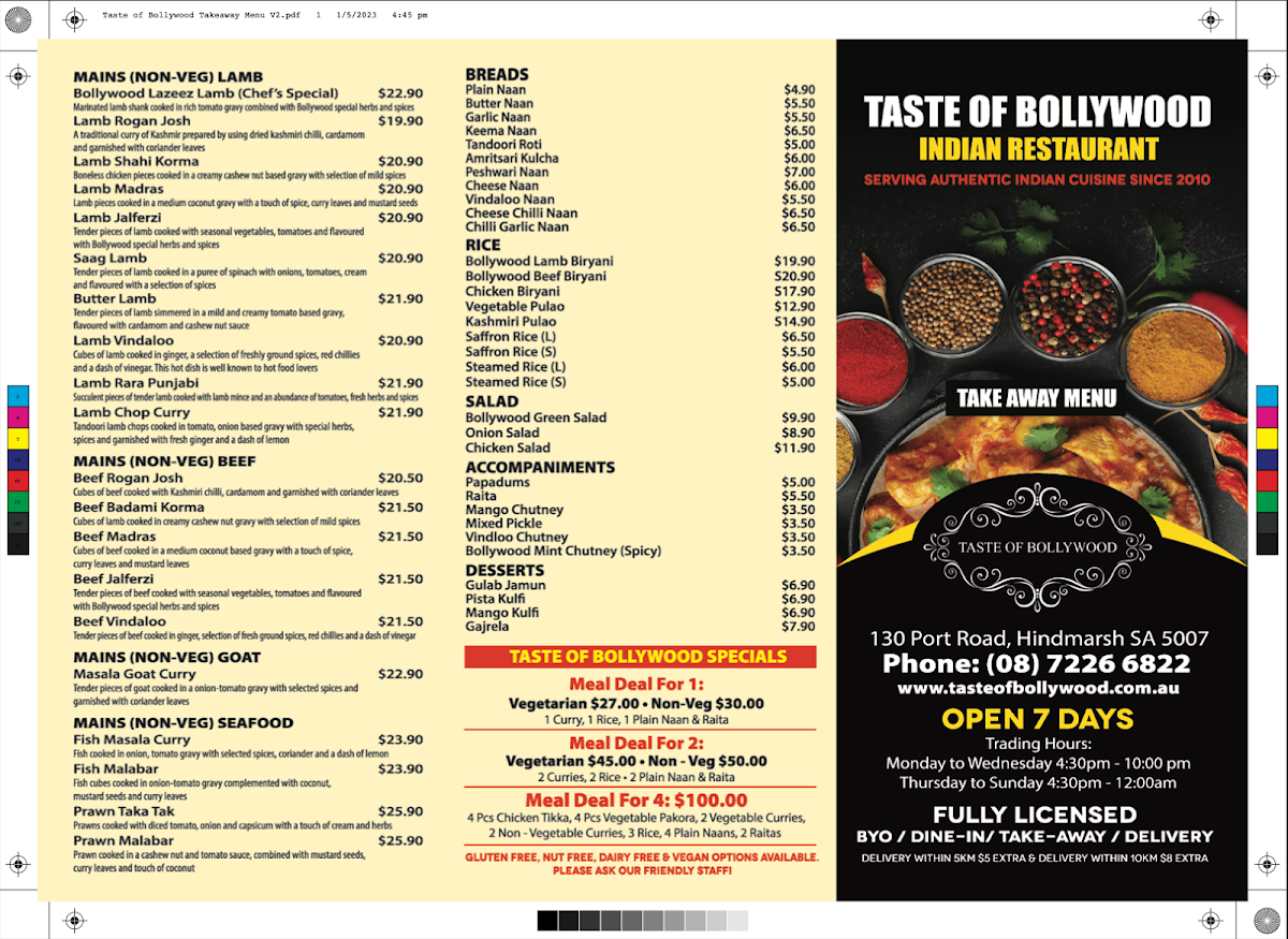 Menu, Taste of Bollywood
