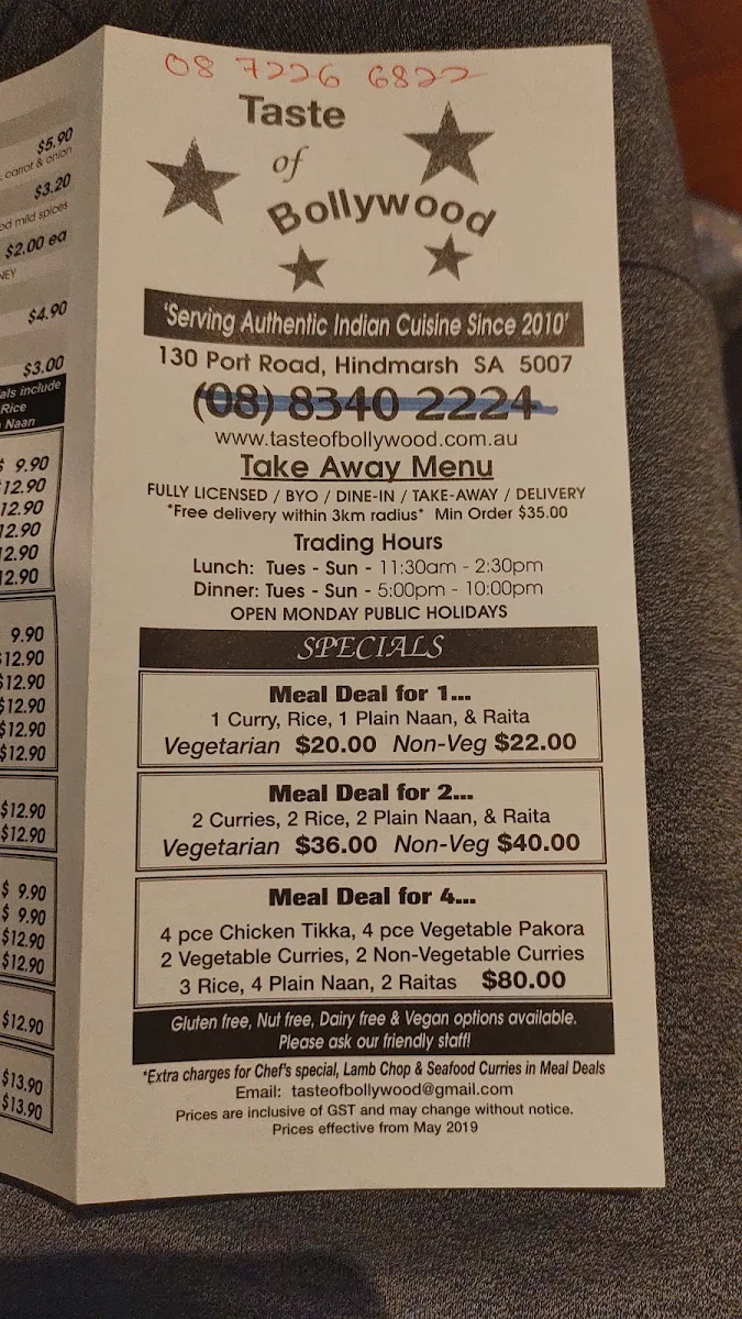 Menu, Taste of Bollywood