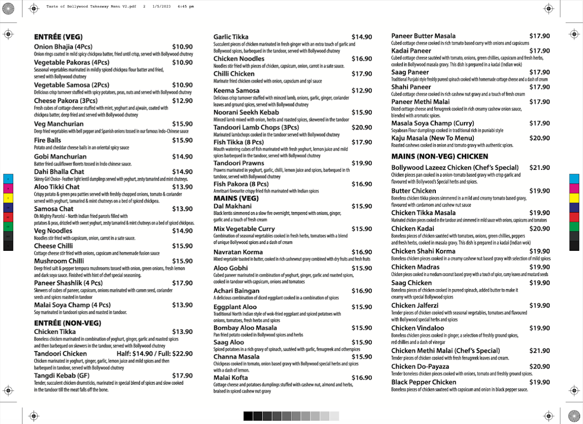 Menu, Taste of Bollywood