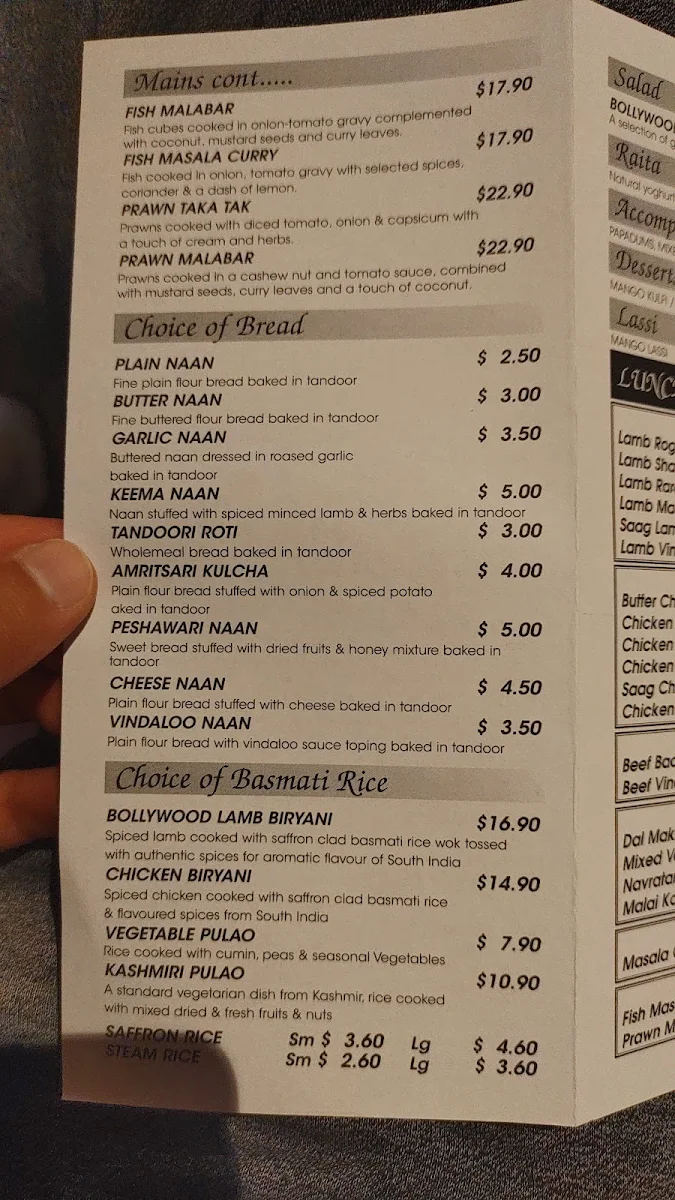 Menu, Taste of Bollywood