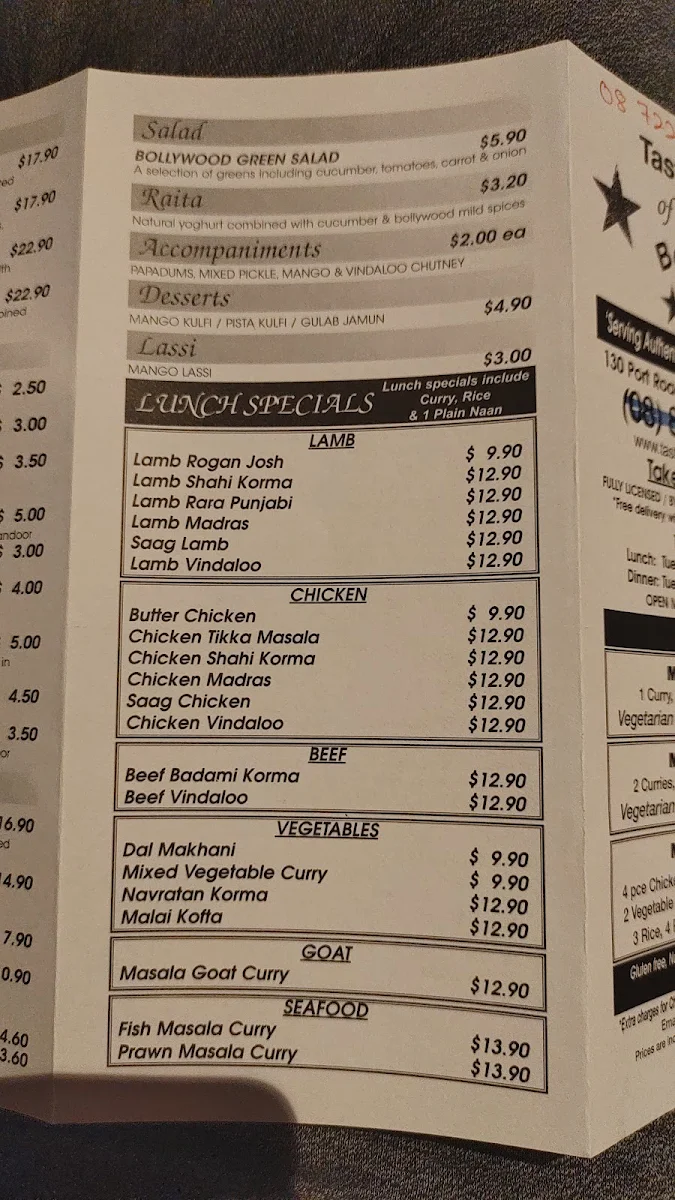 Menu, Taste of Bollywood