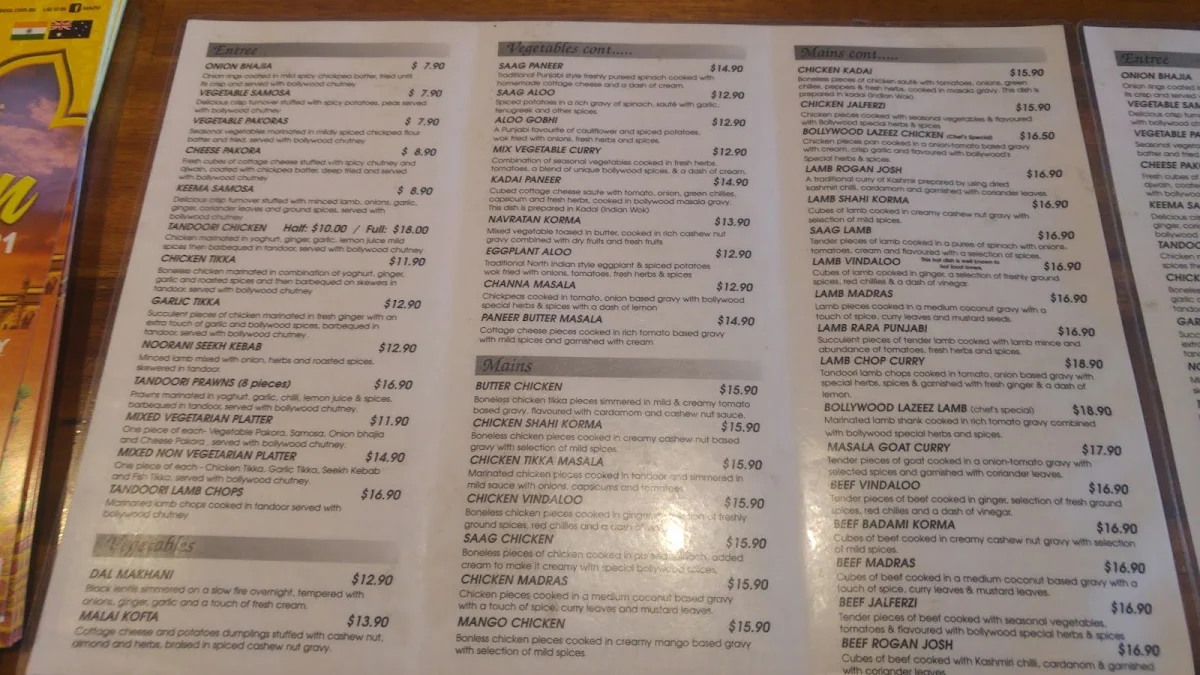 Menu, Taste of Bollywood