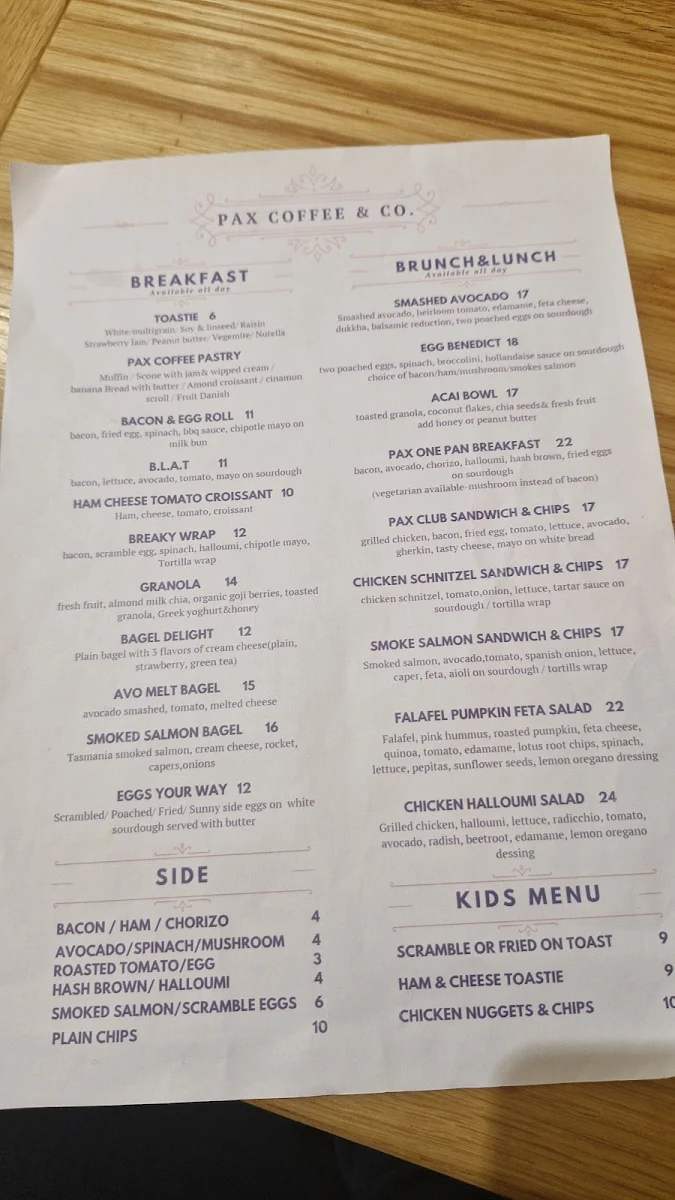 Menu, PAX Coffee & Co. Liverpool