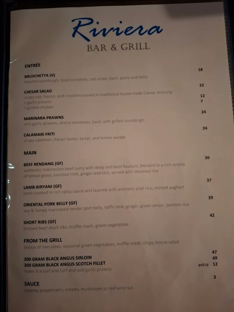 Menu, Riviera Bar & Grill