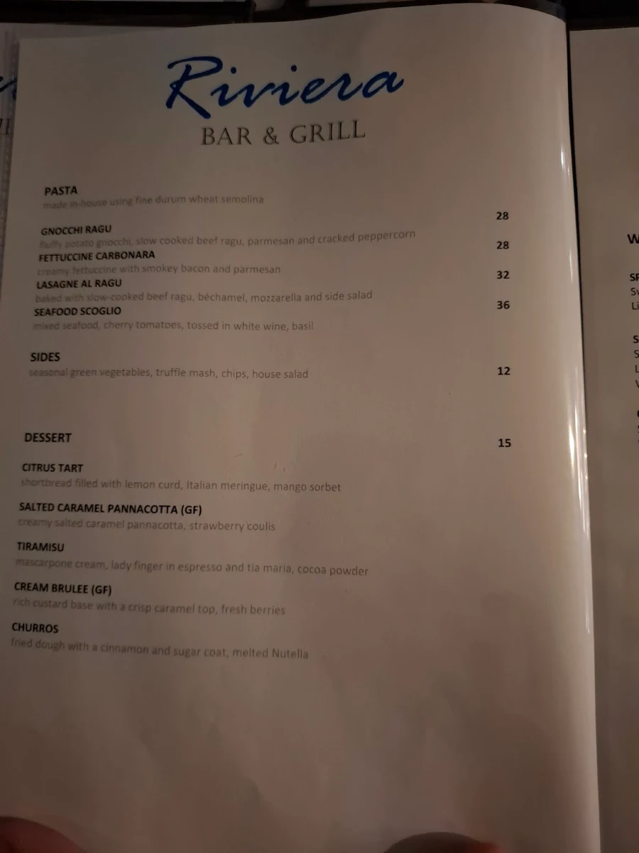 Menu, Riviera Bar & Grill