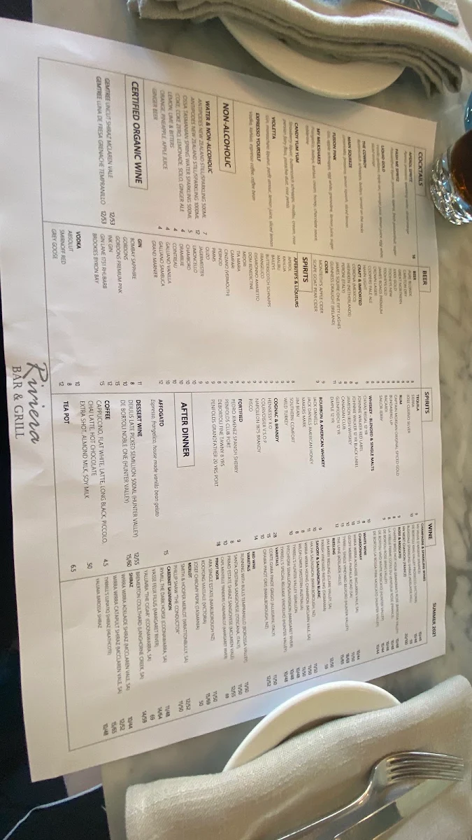 Menu, Riviera Bar & Grill