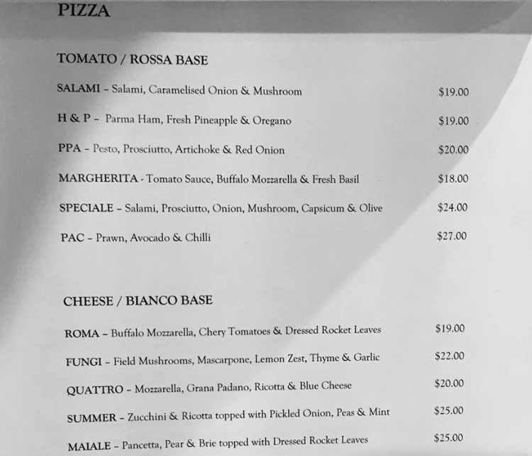 Menu, Riviera Bar & Grill
